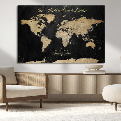 98947257-MGV-CV-36X24-Personalized World Map Wall Art – Vintage Black Adventure Travel Map with Custom Names, Elegant Push Pin Canvas for Couples Home