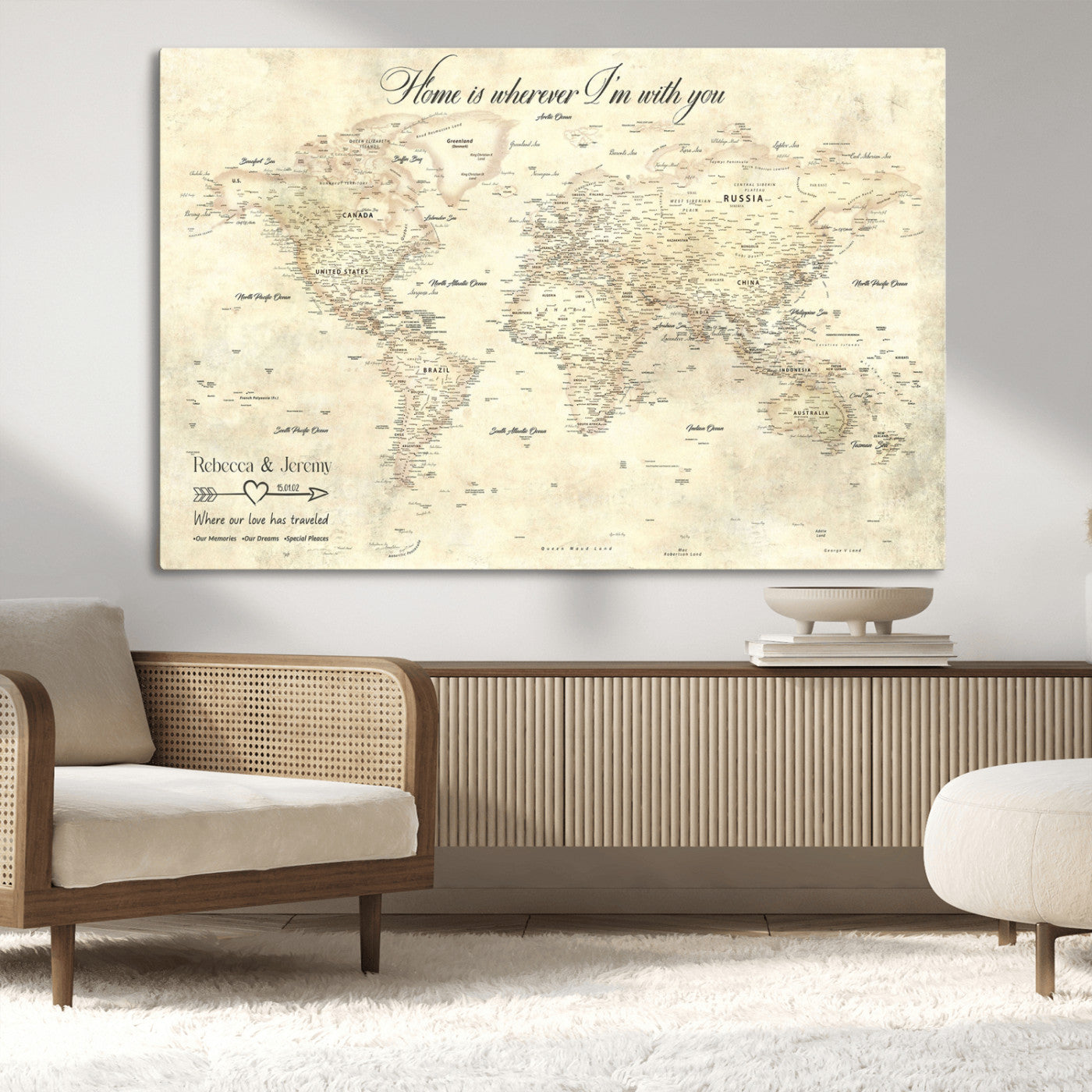 57950315-MGV-CV-36X24-Personalized World Map Wall Art – Vintage Beige Travel Map with Custom Names, Romantic Anniversary Gift for Couples, Adventure