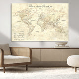 57950315-MGV-CV-36X24-Personalized World Map Wall Art – Vintage Beige Travel Map with Custom Names, Romantic Anniversary Gift for Couples, Adventure