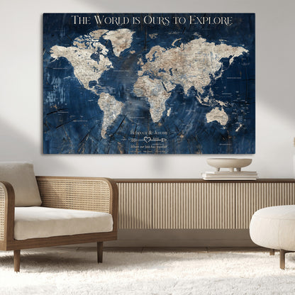 16933330-MGV-CV-36X24-Personalized World Map Wall Art – Navy Blue Vintage Travel Map with Custom Names, Anniversary Gift for Couples Romantic Adventure