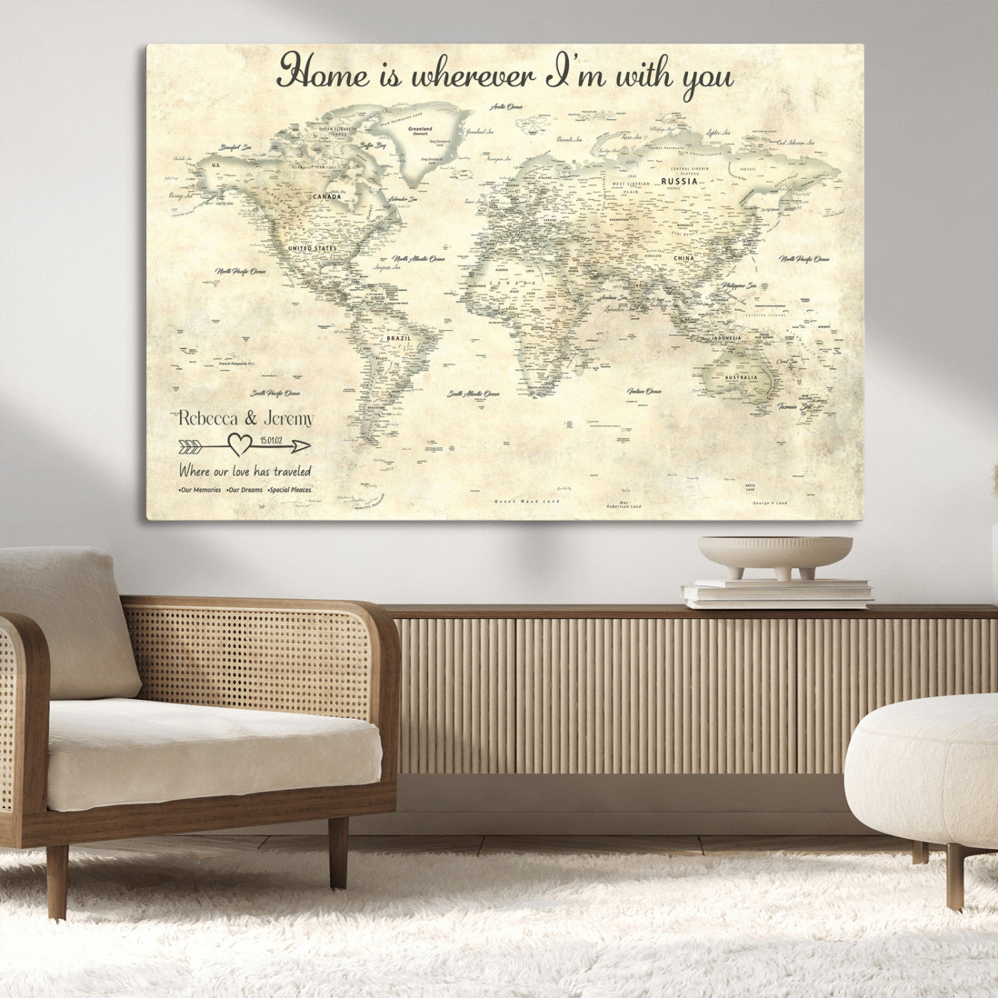 35009043-MGV-CV-36X24-Personalized World Map Wall Art – Vintage Beige Travel Map with Custom Names and Date, Romantic Anniversary Gift for Couples Home