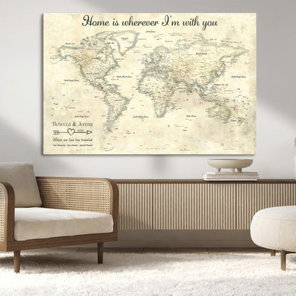 35009043-MGV-CV-36X24-Personalized World Map Wall Art – Vintage Beige Travel Map with Custom Names and Date, Romantic Anniversary Gift for Couples Home