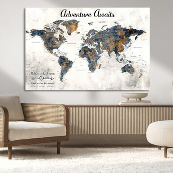 11751559-MGV-CV-36X24-Personalized World Map Wall Art – Elegant Adventure Travel Tracker Map for Couples & Families, Push Pin Canvas Poster Decor for Home, Office