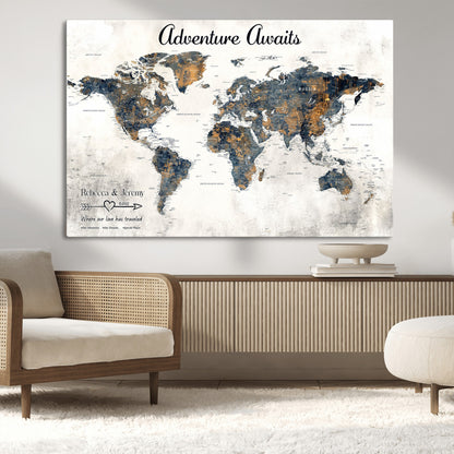11751559-MGV-CV-36X24-Personalized World Map Wall Art – Elegant Adventure Travel Tracker Map for Couples & Families, Push Pin Canvas Poster Decor for Home, Office