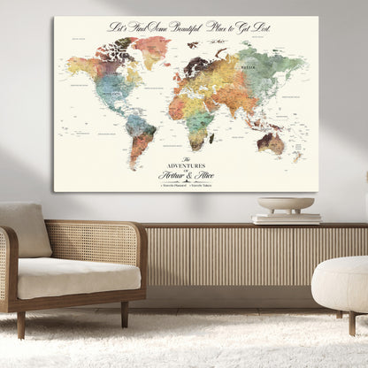 10311652-MGV-CV-36X24-Personalized World Map Wall Art - Watercolor Travel Map with Custom Names Minimalist Design for Couples&Families - Decor for Home,