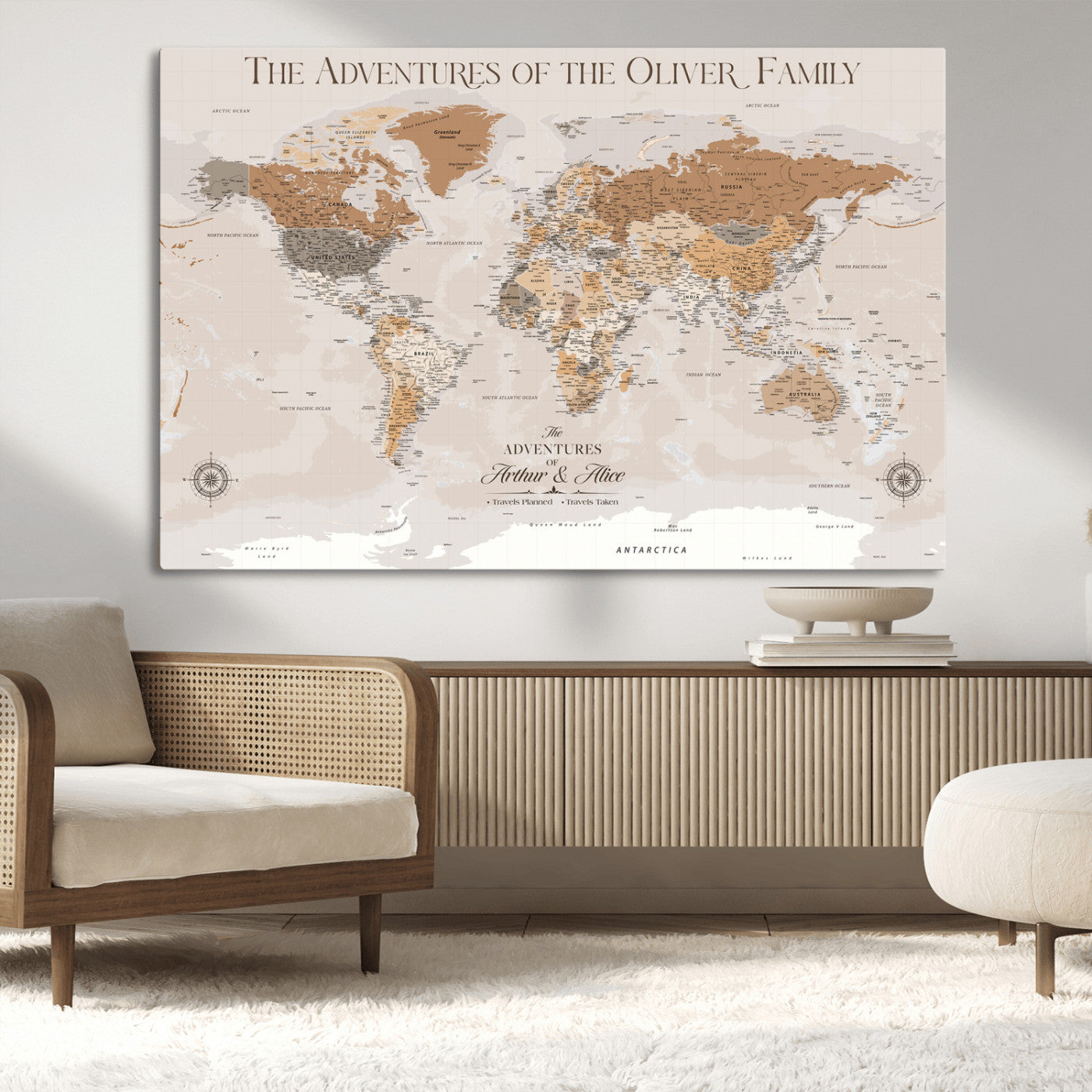 34289723-MGV-CV-36X24-Personalized World Map Wall Art – Elegant Beige and Brown Adventure Map Canvas Print for Family Home, Living Room, Study or Office