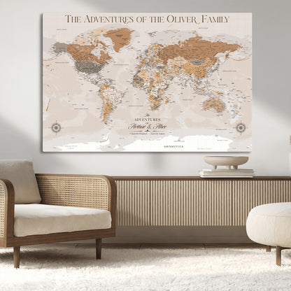 34289723-MGV-CV-36X24-Personalized World Map Wall Art – Elegant Beige and Brown Adventure Map Canvas Print for Family Home, Living Room, Study or Office