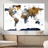 MGV-CV-36X24 - World Map Wall Art Canvas Print, Framed Blue Gold Map Art Picture Print, Rustic Atlas Perfect Rustic Modern Decor Artwork