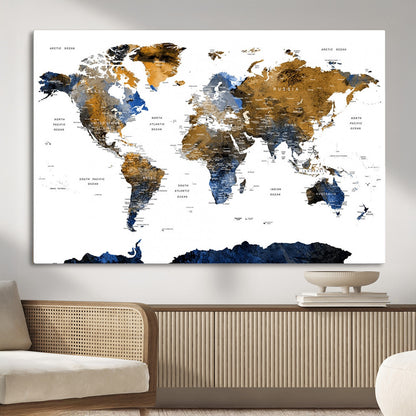 MGV-CV-36X24 - World Map Wall Art Canvas Print, Framed Blue Gold Map Art Picture Print, Rustic Atlas Perfect Rustic Modern Decor Artwork