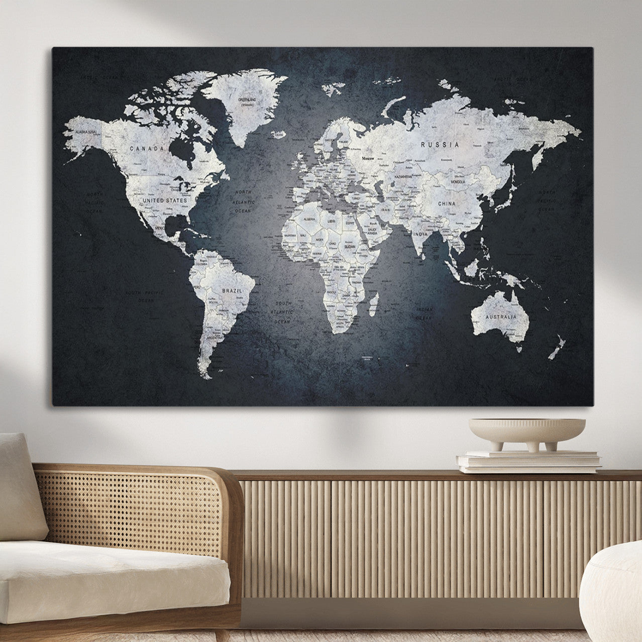 MGV-CV-36X24 - Monochrome World Map Wall Art Canvas Print, Framed Minimalist Map Art Picture Print, Modern Atlas Perfect Modern Minimalist Decor Artwork