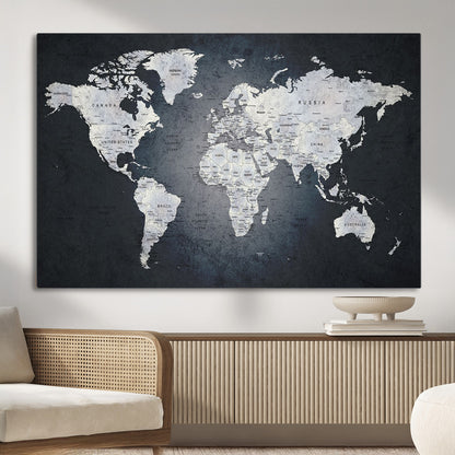 MGV-CV-36X24 - Monochrome World Map Wall Art Canvas Print, Framed Minimalist Map Art Picture Print, Modern Atlas Perfect Modern Minimalist Decor Artwork
