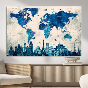 MGV-CV-36X24 - Blue World Map Wall Art Canvas Print, Framed Iconic Landmarks Art Picture Print, Blue Globe Map Perfect Elegant Explorer Decor Artwork