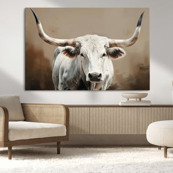 63550-MGV-CV-36X24-Texas Longhorn Wall Art Canvas Print, Framed White Bull Art Picture Print, Horned Cattle Perfect Rustic Western Decor Artwork