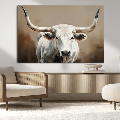63550-MGV-CV-36X24-Texas Longhorn Wall Art Canvas Print, Framed White Bull Art Picture Print, Horned Cattle Perfect Rustic Western Decor Artwork