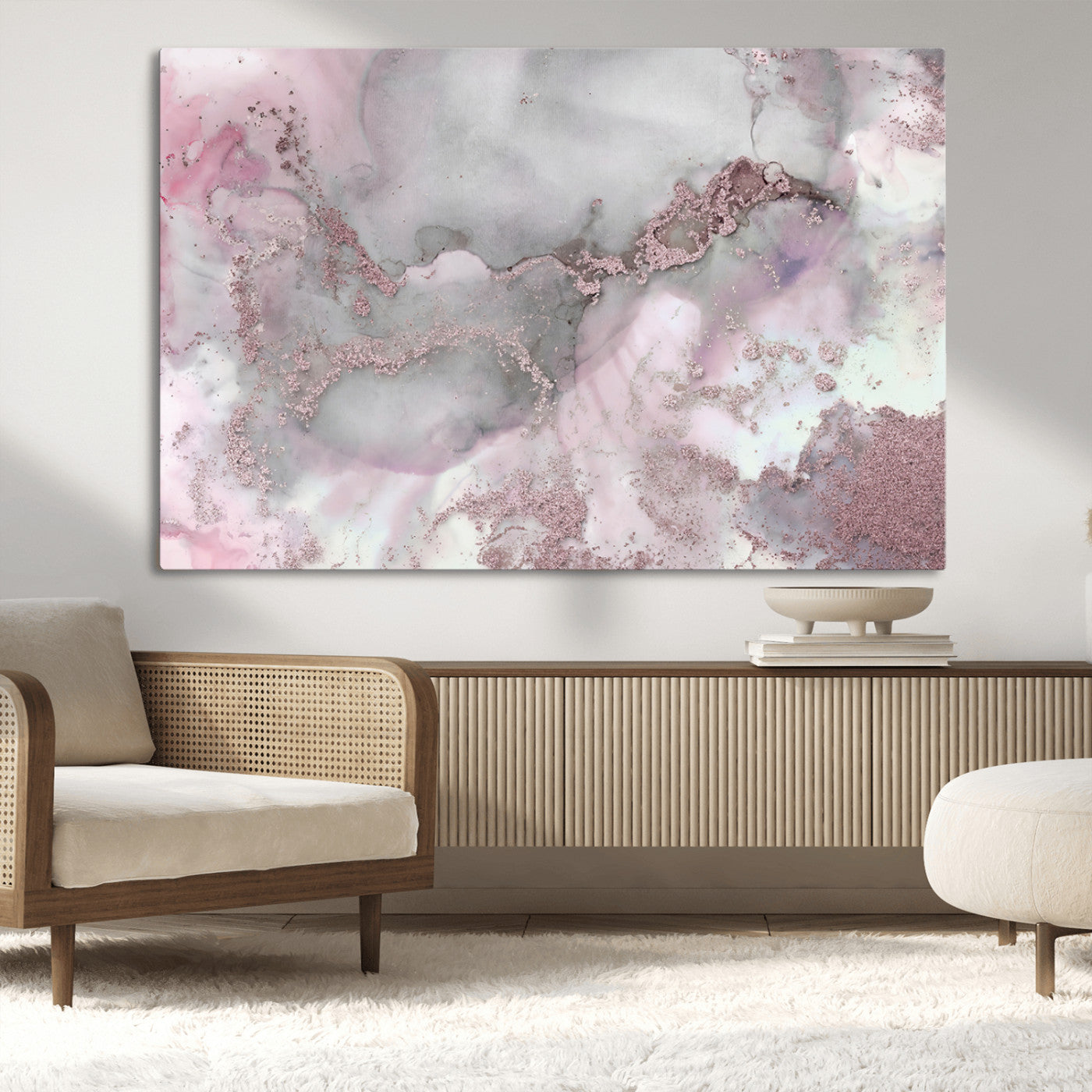 16416-MGV-CV-36X24-Blush Marble Wall Art Canvas Print, Framed Rose Gold Art Picture Print, Pink Cloudy Perfect Modern Glam Decor Artwork