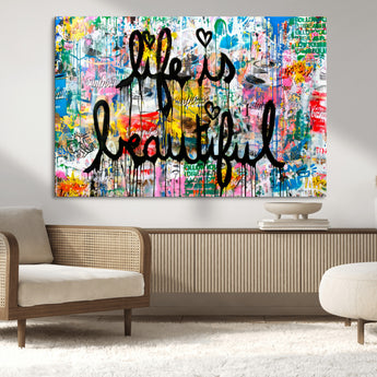 36856-MGV-CV-36X24-Life Is Beautiful Wall Art – Colorful Graffiti Canvas Print, Modern Street Style Artwork, Inspirational Decor for Living Room,