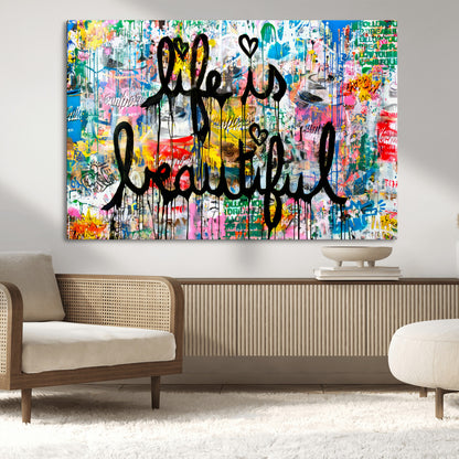 36856-MGV-CV-36X24-Life Is Beautiful Wall Art – Colorful Graffiti Canvas Print, Modern Street Style Artwork, Inspirational Decor for Living Room,