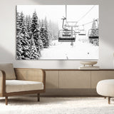 49274-MGV-CV-36X24-Snowy Forest Wall Art Canvas Print, Framed Ski Lift Art Picture Print, Mountain Snow Perfect Minimal Winter Lodge Decor Artwork