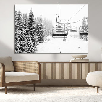 49274-MGV-CV-36X24-Snowy Forest Wall Art Canvas Print, Framed Ski Lift Art Picture Print, Mountain Snow Perfect Minimal Winter Lodge Decor Artwork