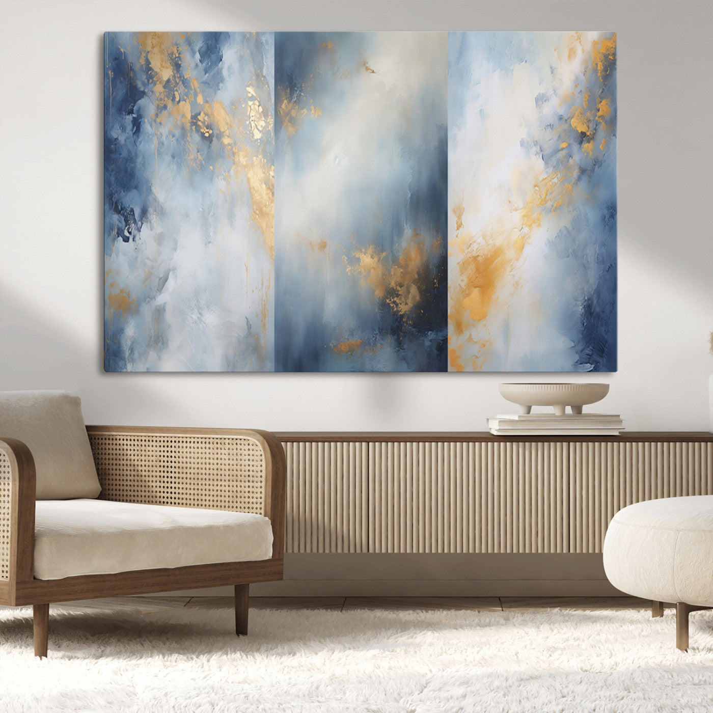 41836-MGV-CV-36X24-Abstract Gold Wall Art Canvas Print, Framed Blue Layers Art Picture Print, Elegant Cloud Perfect Elegant Minimalist Decor Artwork