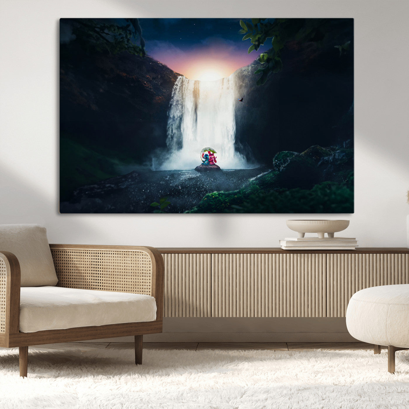 56359-MGV-CV-36X24-Lilo Stitch Wall Art Canvas Print, Framed Stitch Angel Art Picture Print, Cartoon Waterfall Perfect Tropical Fantasy Decor Artwork
