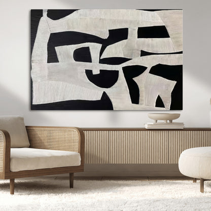 33714-MGV-CV-36X24-Monochrome Design Wall Art Canvas Print, Framed Modern Linework Art Picture Print, Textured Shapes Perfect Monochrome Modern Decor