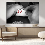 62460-MGV-CV-36X24-Poker Game Wall Art – Close Up of Hands Holding Aces with Chips, Casino Style Decor for Game Room, Man Cave or Office