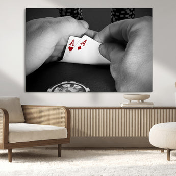 62460-MGV-CV-36X24-Poker Game Wall Art – Close Up of Hands Holding Aces with Chips, Casino Style Decor for Game Room, Man Cave or Office