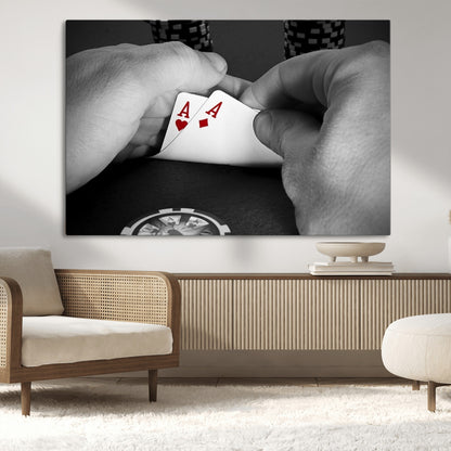 62460-MGV-CV-36X24-Poker Game Wall Art – Close Up of Hands Holding Aces with Chips, Casino Style Decor for Game Room, Man Cave or Office