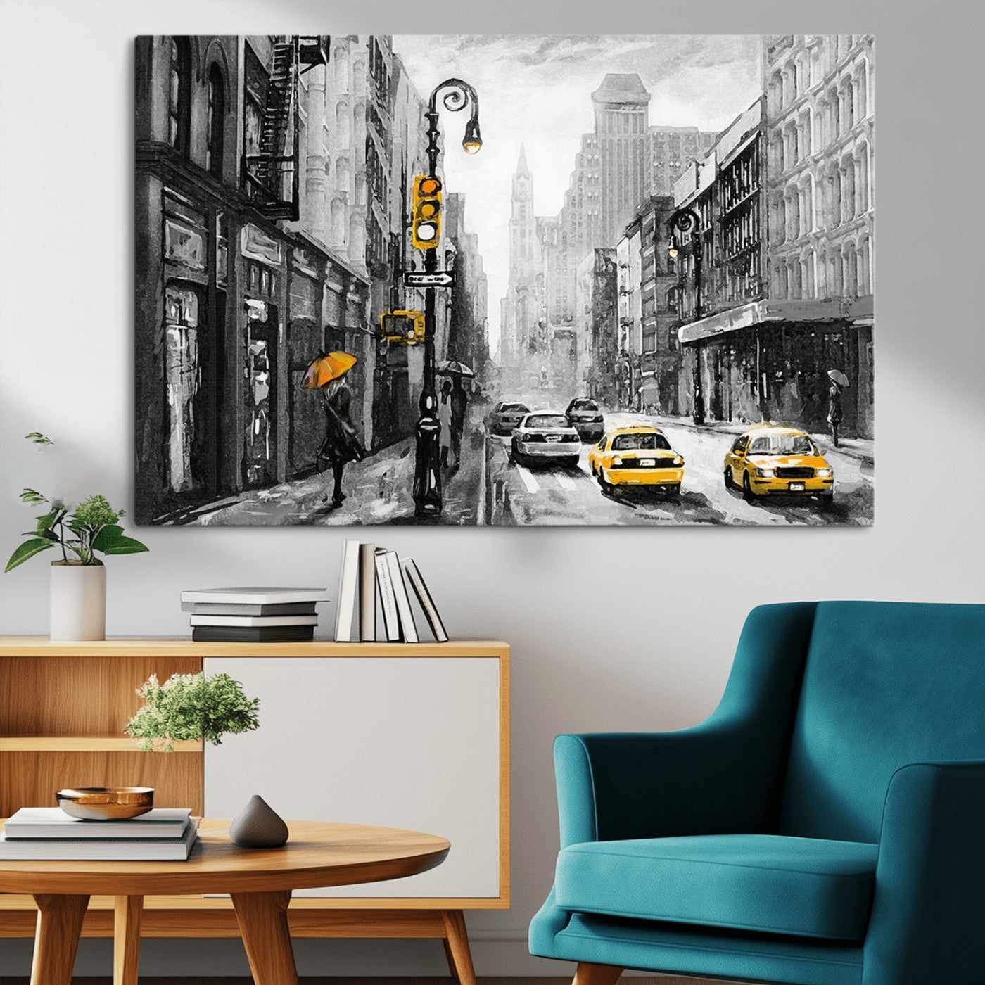 32362-MGV-CV-36X24-NYC Street Wall Art – Black and White Cityscape with Yellow Taxis and Umbrella Canvas Print, Urban Home Decor for Living Room or
