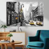 32362-MGV-CV-36X24-NYC Street Wall Art – Black and White Cityscape with Yellow Taxis and Umbrella Canvas Print, Urban Home Decor for Living Room or