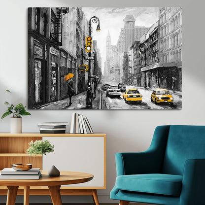 32362-MGV-CV-36X24-NYC Street Wall Art – Black and White Cityscape with Yellow Taxis and Umbrella Canvas Print, Urban Home Decor for Living Room or