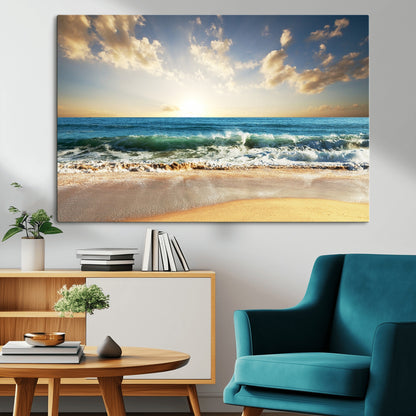 13139-MGV-CV-36X24-Sunrise Beach Wall Art – Ocean Waves and Golden Sand Canvas Print, Coastal Home Decor for Living Room, Bedroom, or Office