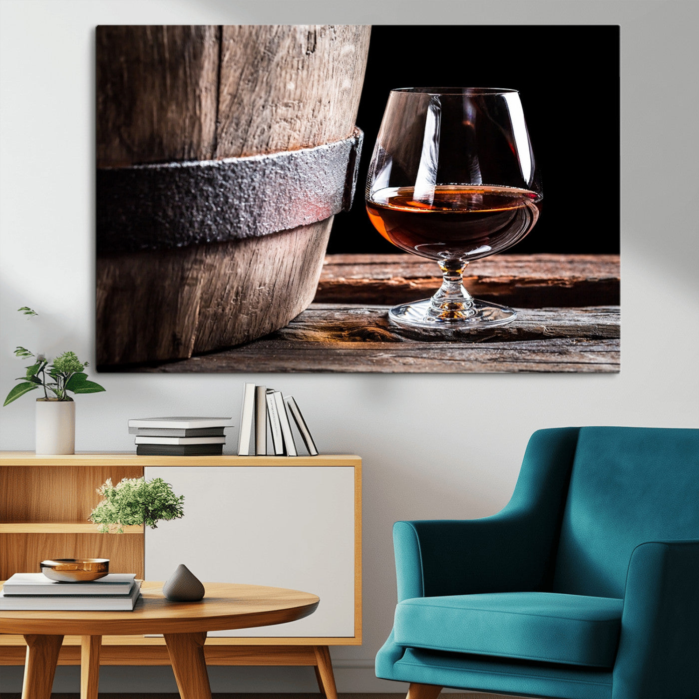 50839-MGV-CV-36X24-Barrel & Brandy Wall Art – Rustic Whiskey Barrel and Brandy Glass Canvas Print, Elegant Home Bar or Lounge Decor for Office, Man