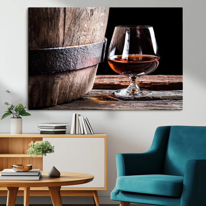 50839-MGV-CV-36X24-Barrel & Brandy Wall Art – Rustic Whiskey Barrel and Brandy Glass Canvas Print, Elegant Home Bar or Lounge Decor for Office, Man
