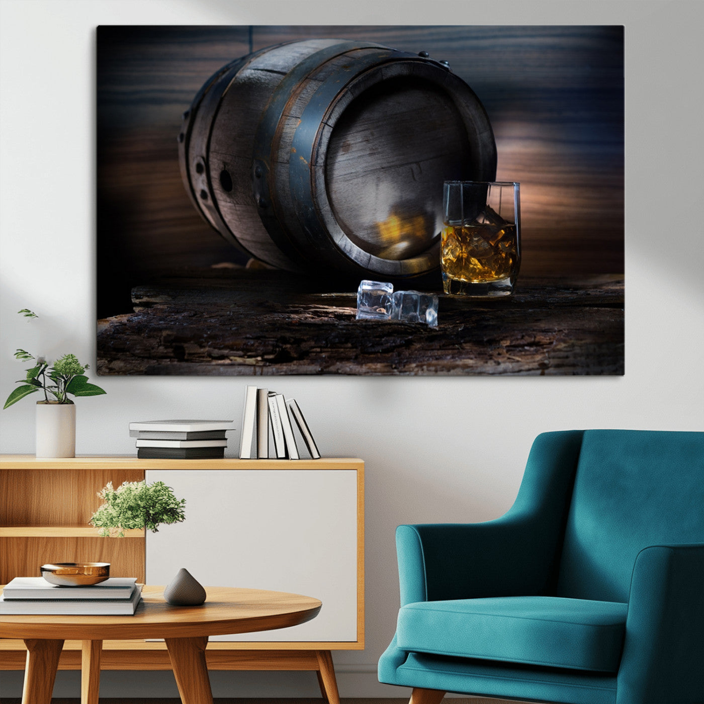 78049-MGV-CV-36X24-Whiskey Barrel Wall Art – Rustic Whiskey Barrel and Glass with Ice Canvas Print, Classic Bar or Lounge Decor for Home, Office, or