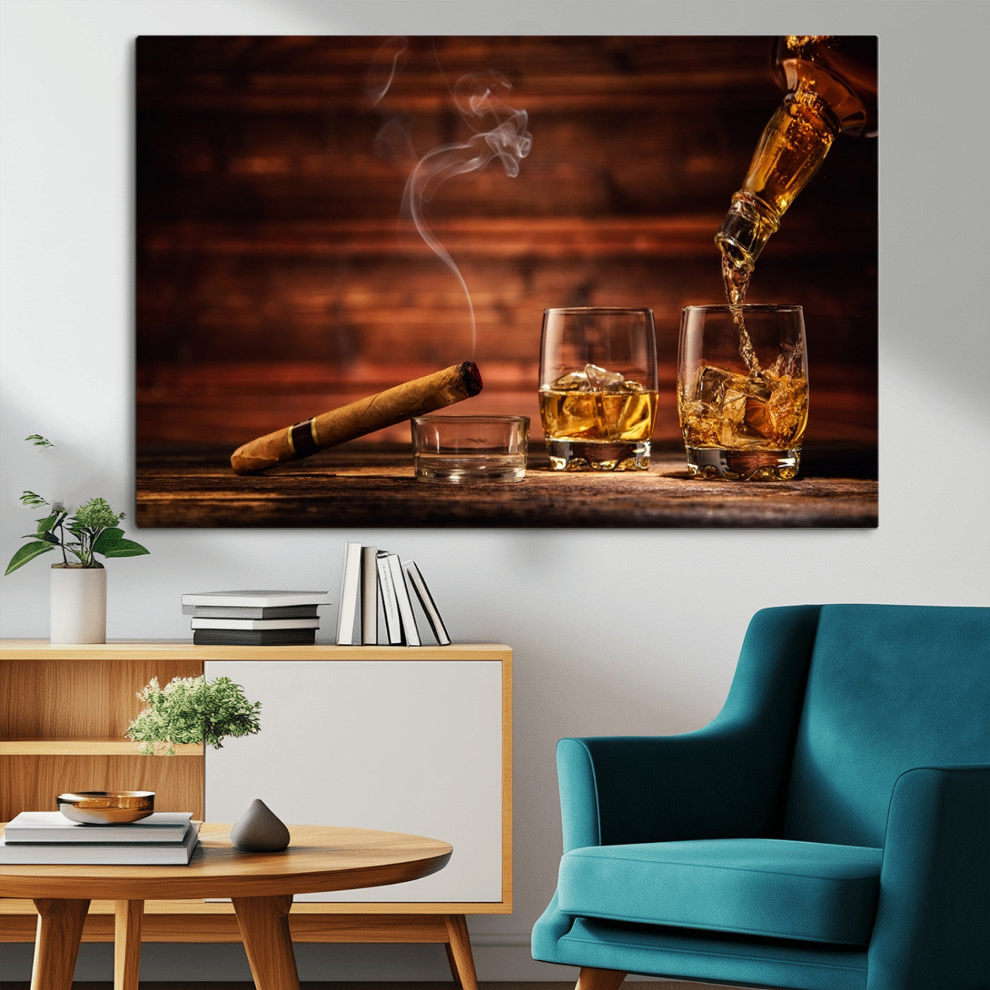 91042-MGV-CV-36X24-Whiskey & Cigar Wall Art – Elegant Whiskey Pour and Smoldering Cigar Canvas Print, Sophisticated Bar or Lounge Decor for Home,