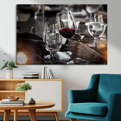 75513-MGV-CV-36X24-Elegant Wine Toast Wall Art – Close-Up Red Wine Glass at Dinner Table Canvas Print, Sophisticated Dining Room or Bar Decor