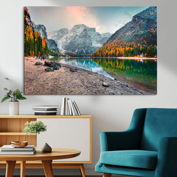 25982-MGV-CV-36X24-Autumn Mountain Lake Wall Art – Panoramic Fall Foliage and Snowy Peaks Canvas Print, Scenic Nature Decor for Living Room or Office