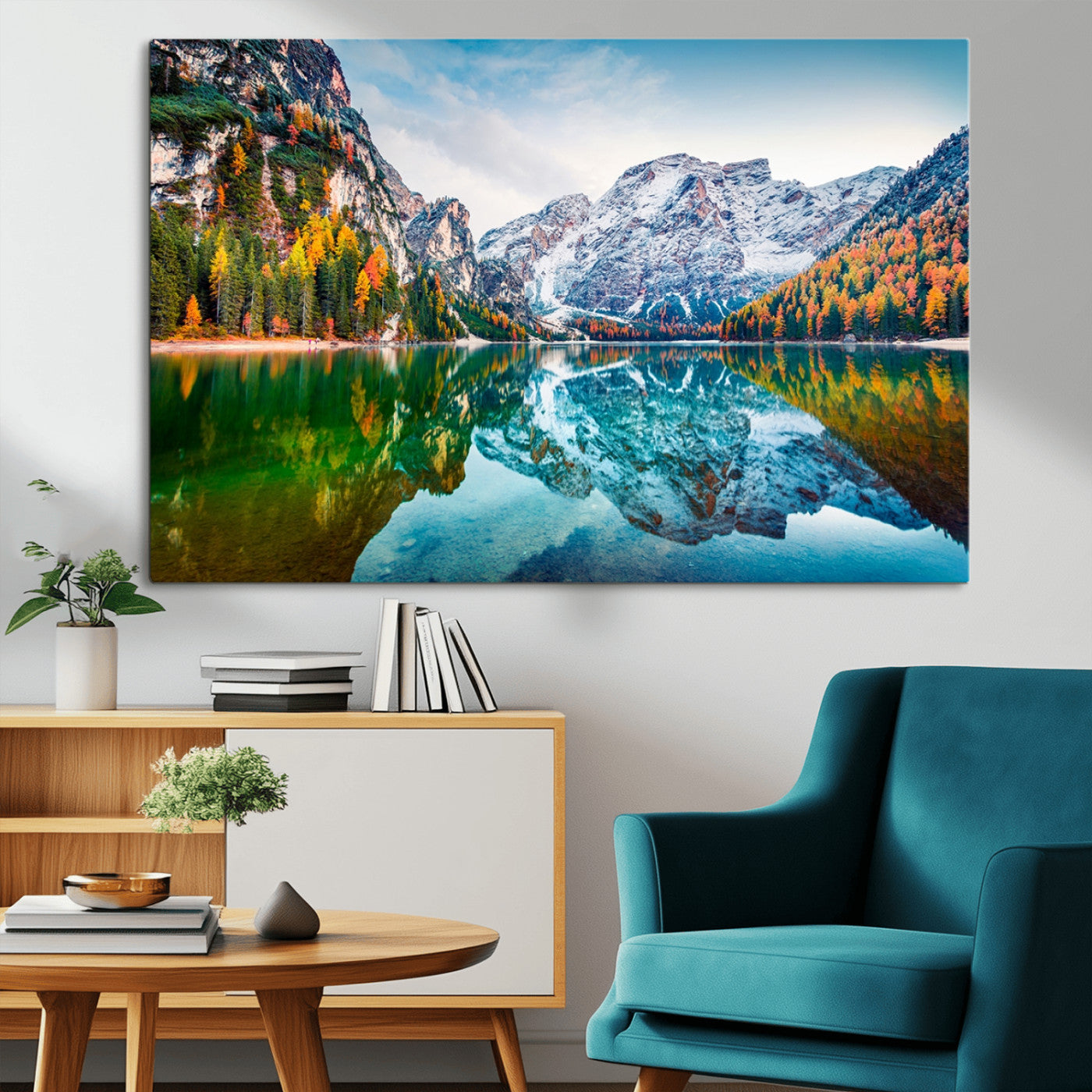 10402-MGV-CV-36X24-Snowy Mountain Lake Wall Art – Autumn Landscape Canvas Print with Reflection, Nature Decor for Living Room, Office, Bedroom or