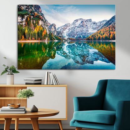 10402-MGV-CV-36X24-Snowy Mountain Lake Wall Art – Autumn Landscape Canvas Print with Reflection, Nature Decor for Living Room, Office, Bedroom or