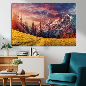 83947-MGV-CV-36X24-Sunset Mountain Landscape Wall Art – Panoramic Alpine Meadow and Snow Capped Peaks Canvas Print, Nature Scenic Decor for Home,