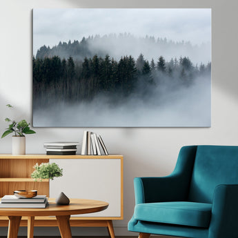 42596-MGV-CV-36X24-Misty Forest Wall Art – Atmospheric Pine Trees Canvas Print, Nature Landscape Decor for Living Room, Bedroom, Office, or Cabin