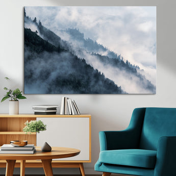 85737-MGV-CV-36X24-Misty Mountain Wall Art – Atmospheric Pine Forest Canvas Print with Fog and Mist, Calm Nature Decor for Living Room, Bedroom,