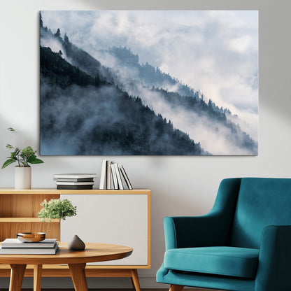 85737-MGV-CV-36X24-Misty Mountain Wall Art – Atmospheric Pine Forest Canvas Print with Fog and Mist, Calm Nature Decor for Living Room, Bedroom,