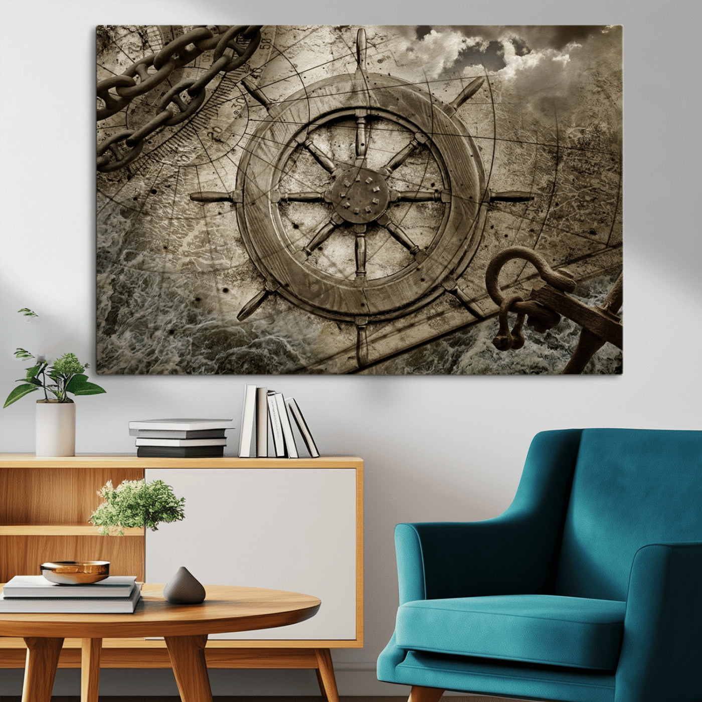 45482-MGV-CV-36X24-Nautical Ship Wheel Wall Art – Vintage Maritime Canvas Print, Ocean Adventure Decor for Office, Man Cave or Living Room