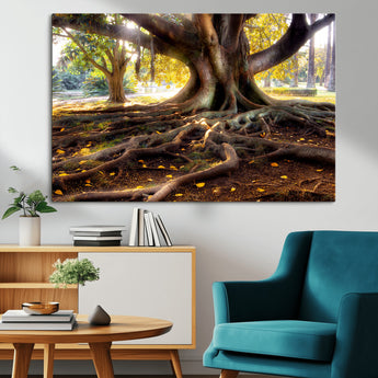 53335-MGV-CV-36X24-Majestic Tree with Sprawling Roots Wall Art – Serene Sunlit Park Scene, Nature Canvas Print, Perfect for Living Room, Office or