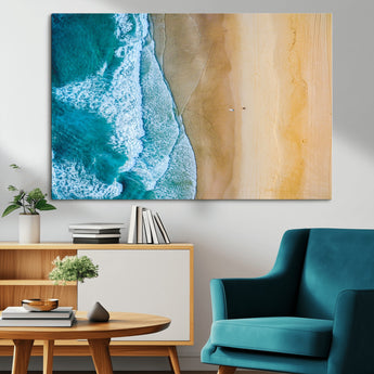 46640-MGV-CV-36X24-Aerial Beach Wall Art – Turquoise Waves and Golden Sand Canvas Print with Lone Surfer, Coastal Ocean Decor for Living Room,