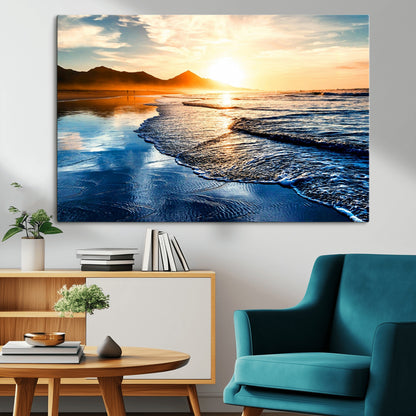 86173-MGV-CV-36X24-Golden Sunset Beach Wall Art – Reflective Ocean Canvas Print with Mountains and Waves, Coastal Nature Decor for Living Room,