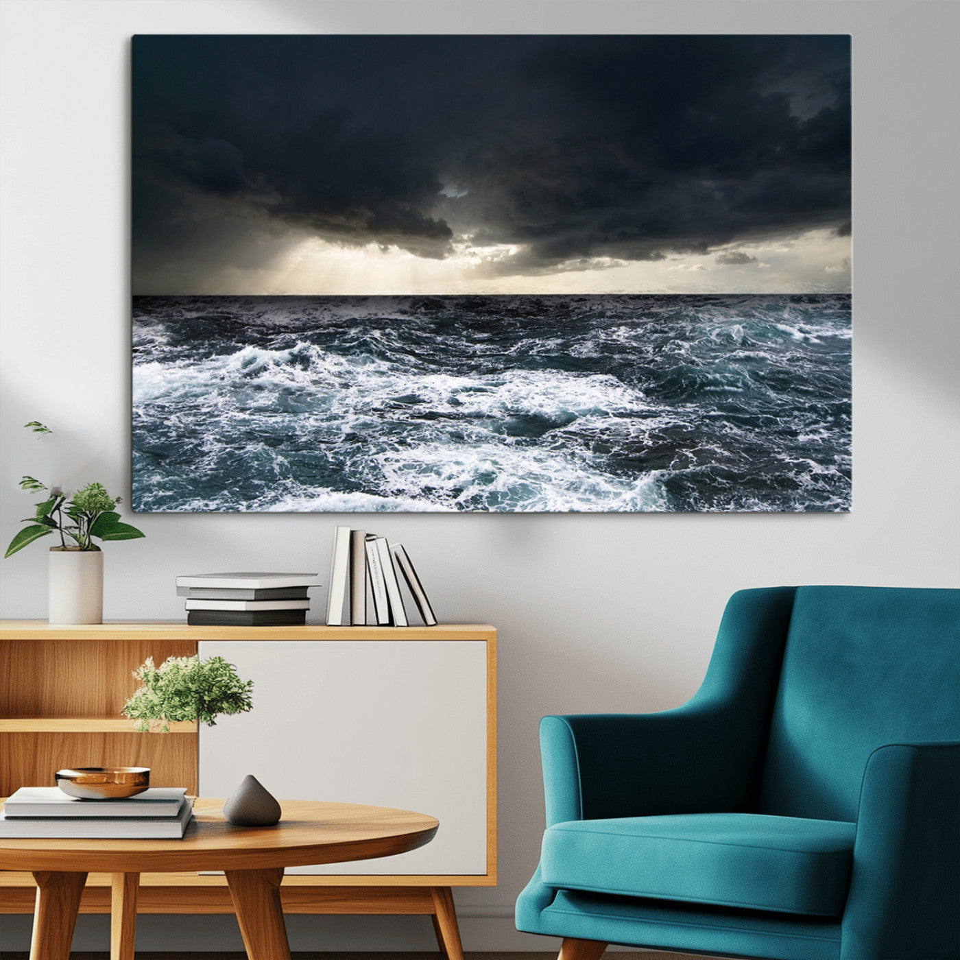 42607-MGV-CV-36X24-Stormy Ocean Wall Art – Dramatic Sea and Sky Canvas Print with Sun Rays, Moody Nature Decor for Living Room, Office, Bedroom or